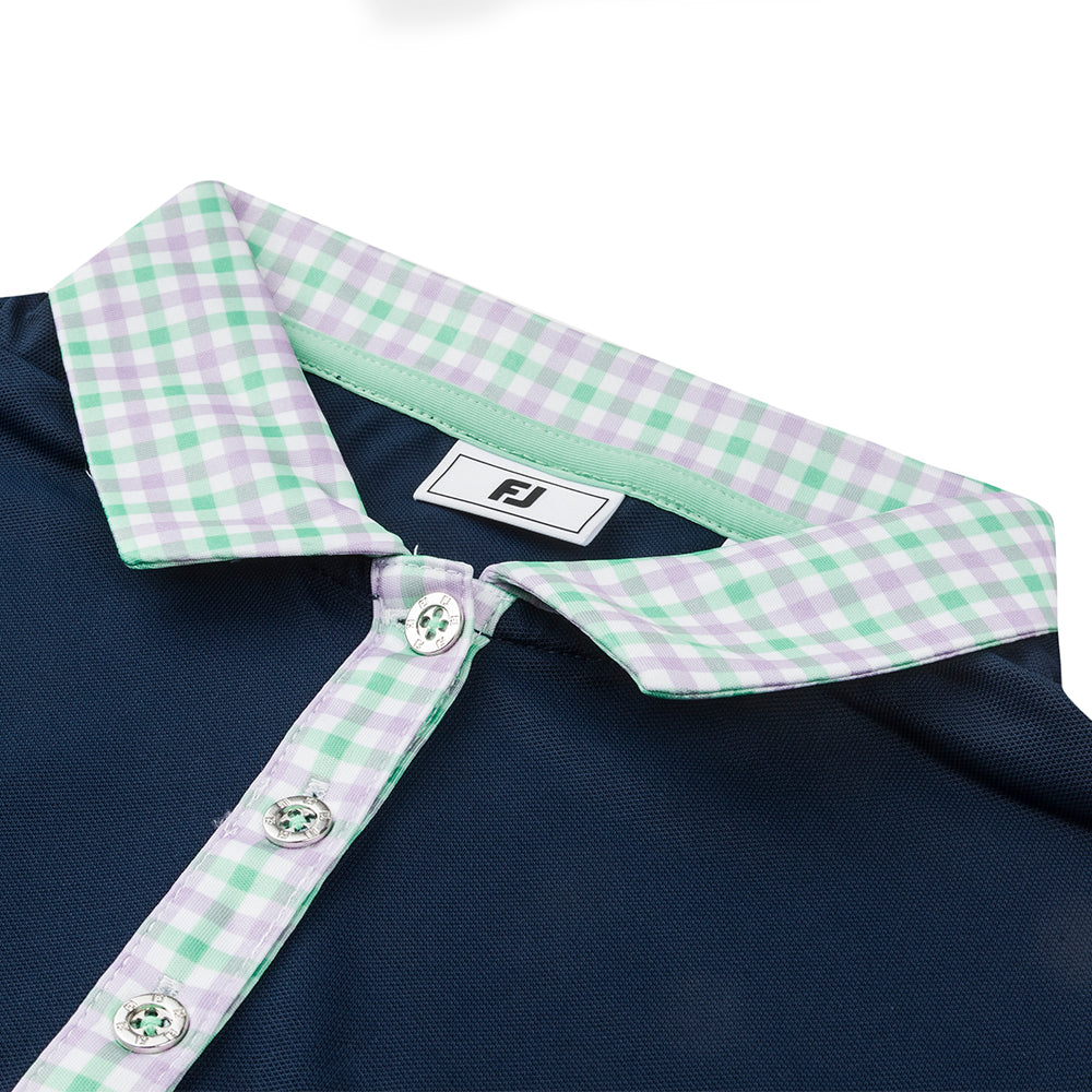 BMW PGA Championship FootJoy Women's Gingham Collar Navy Polo Shirt