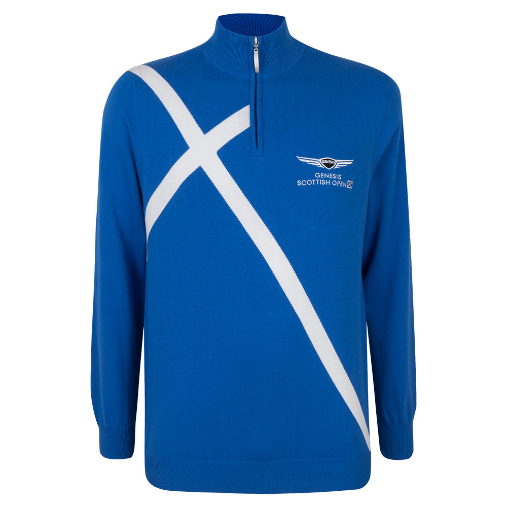 Genesis Scottish Open Glenmuir Men's Blue Saltire 1/4 Zip Sweater - Front
