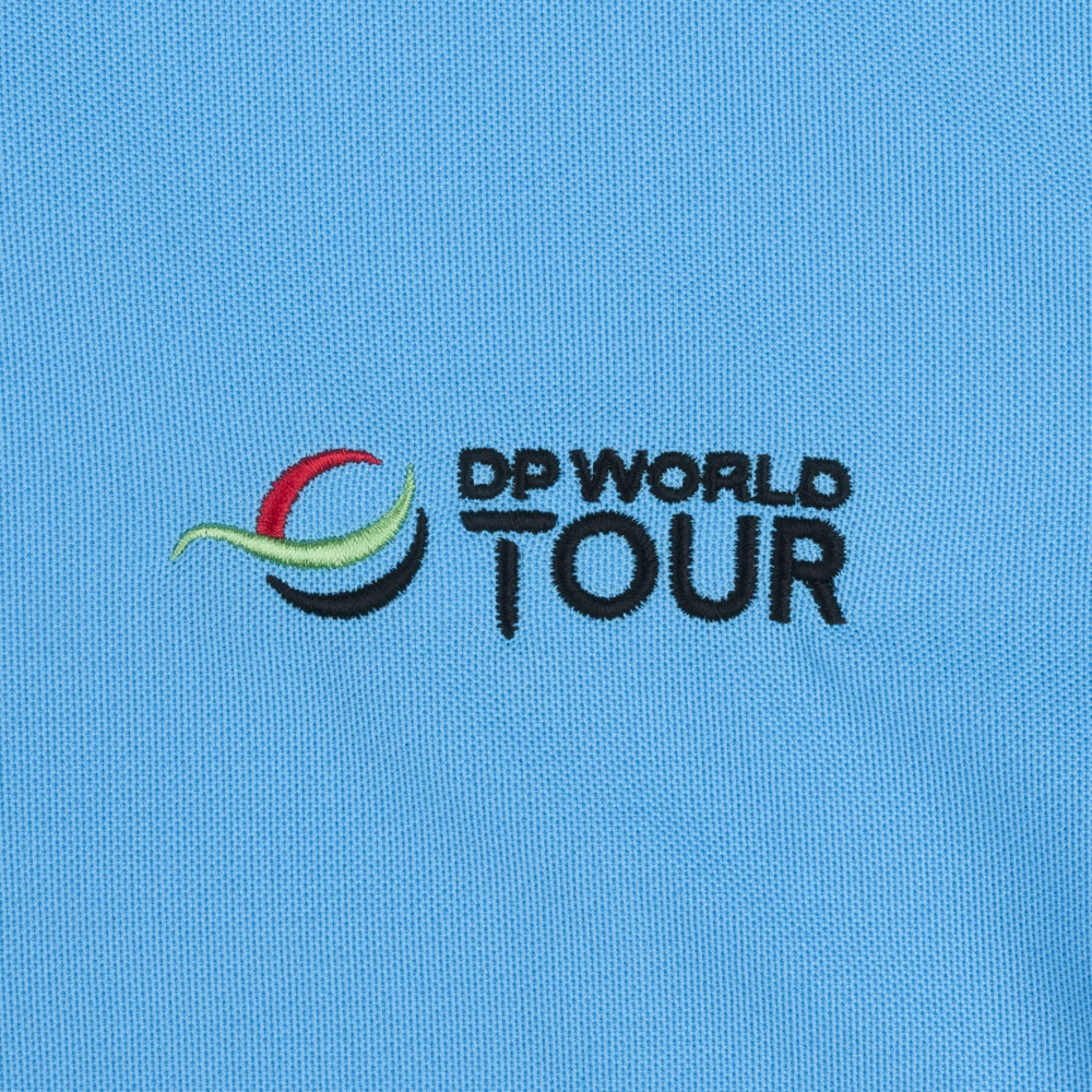 Mens DP World Tour Pique Polo Shirt - Blue - Badge Close-up