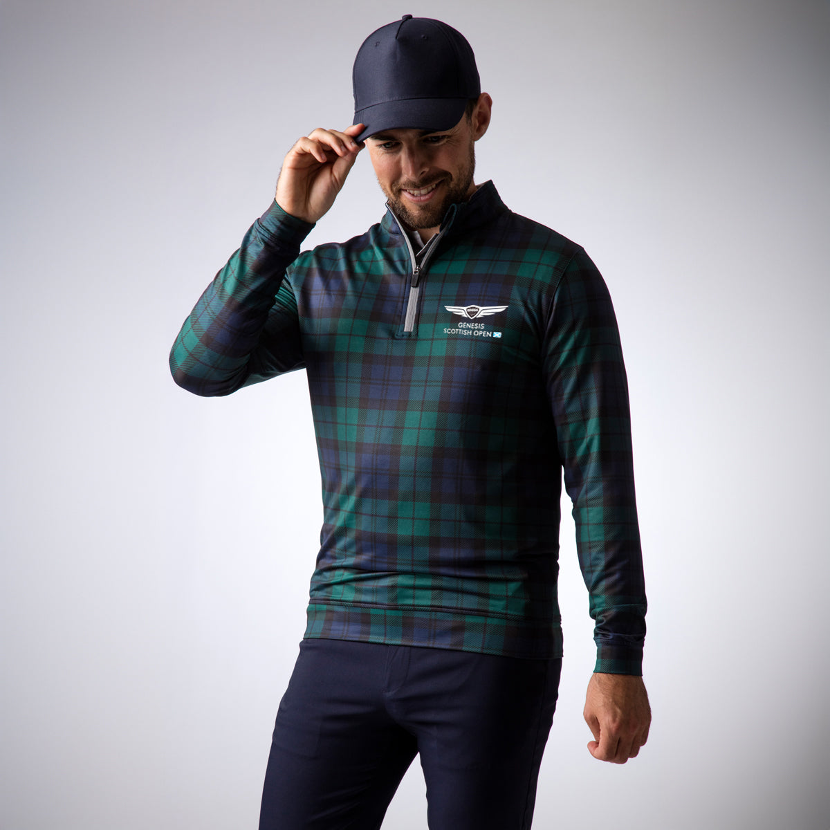 Genesis Scottish Open Glenmuir Men&#39;s Green Tartan 1/4 Zip Mid Layer Model