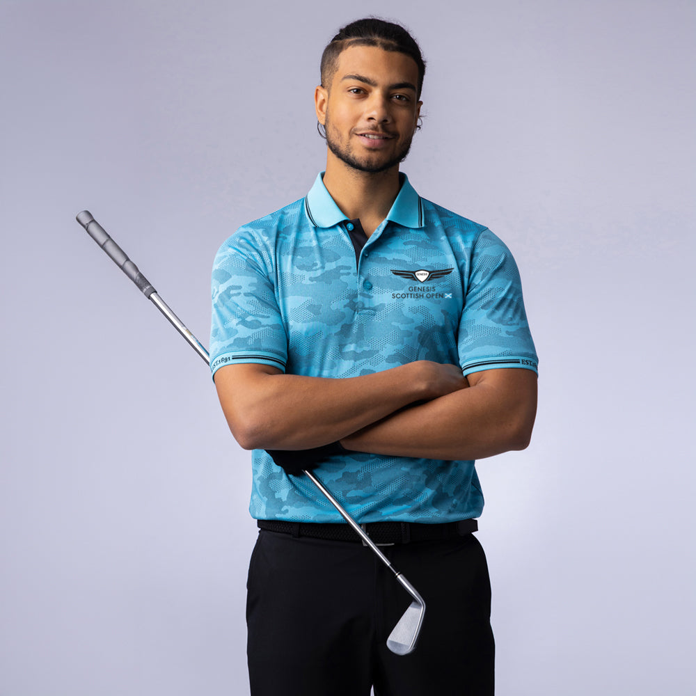 Genesis Scottish Open Glenmuir Men's Blue Camo Polo Shirt Model