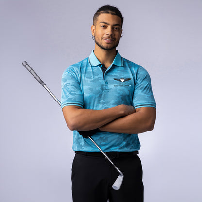 Genesis Scottish Open Glenmuir Men's Blue Camo Polo Shirt Model