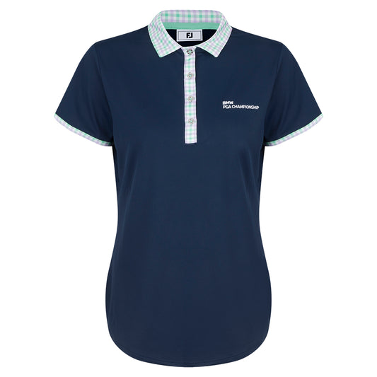 BMW PGA Championship FootJoy Women's Gingham Collar Navy Polo Shirt