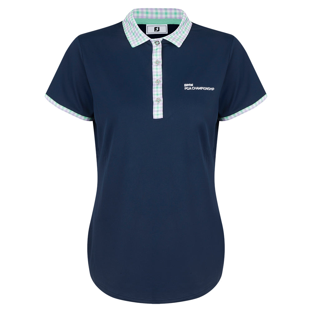 BMW PGA Championship FootJoy Women&#39;s Gingham Collar Navy Polo Shirt