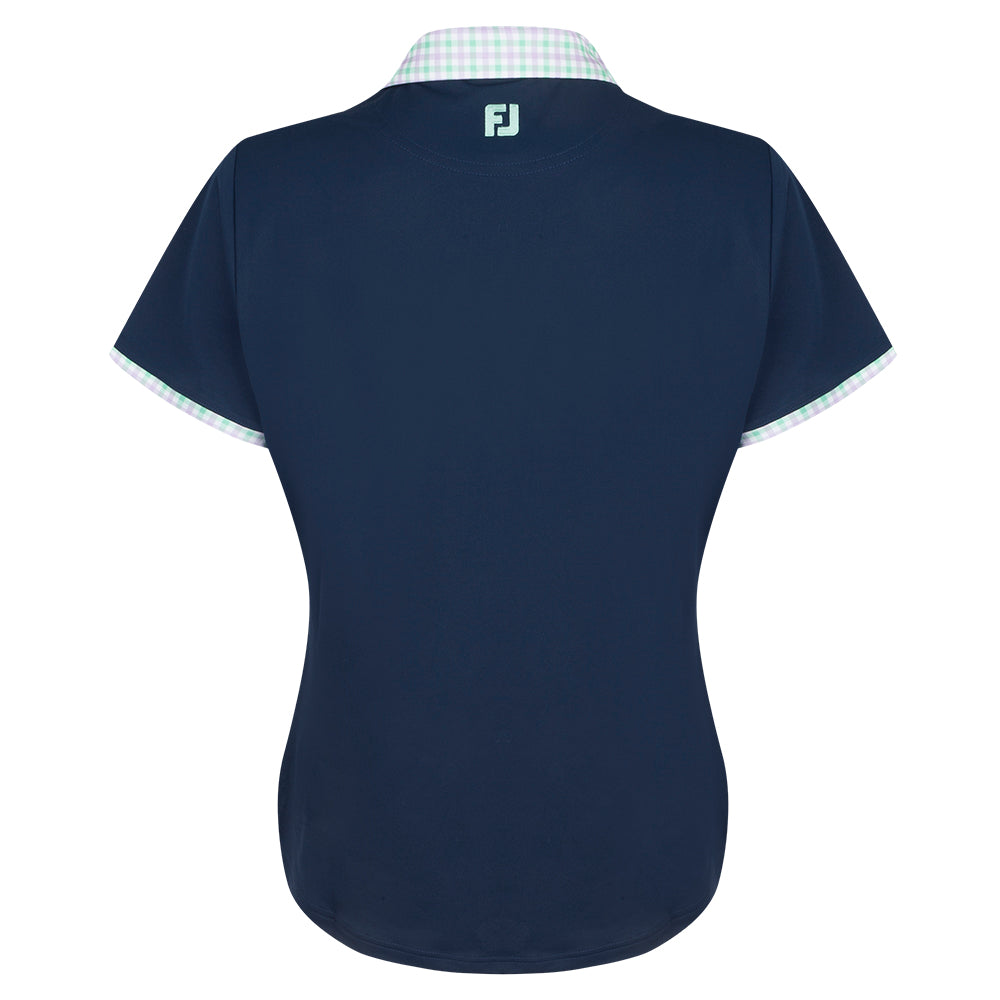 BMW PGA Championship FootJoy Women&#39;s Gingham Collar Navy Polo Shirt