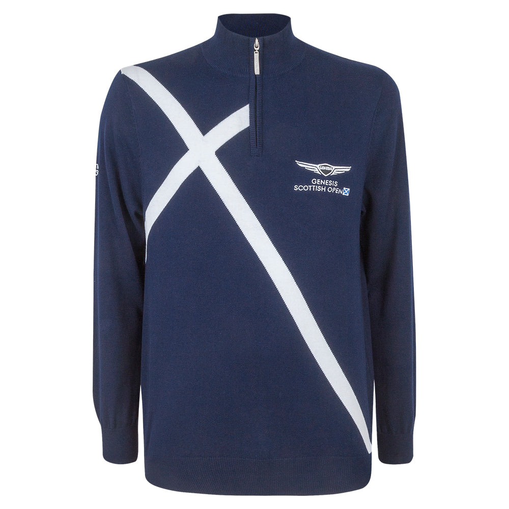 Genesis Scottish Open Glenmuir Men's Navy Saltire 1/4 Zip Sweater - Front