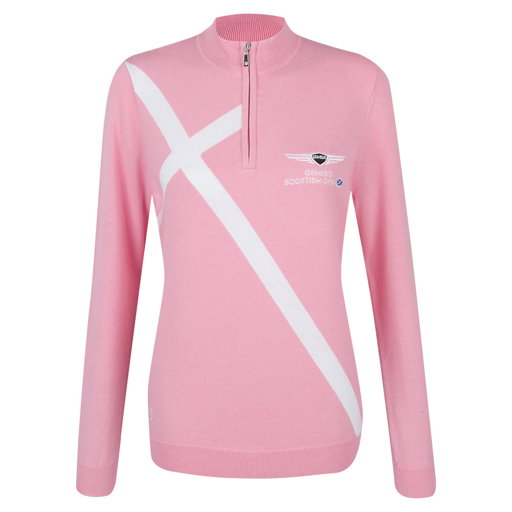 Genesis Scottish Open Glenmuir Women's Pink Saltire 1/4 Zip Sweater - Front